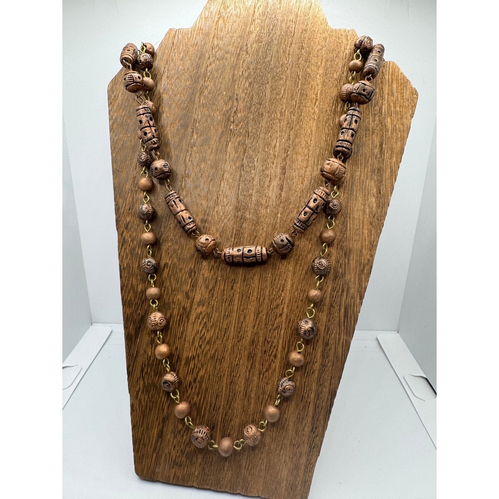 Lot of 2 Vintage Style Copper Tone Carved Bead Long Strand Necklace Artisian